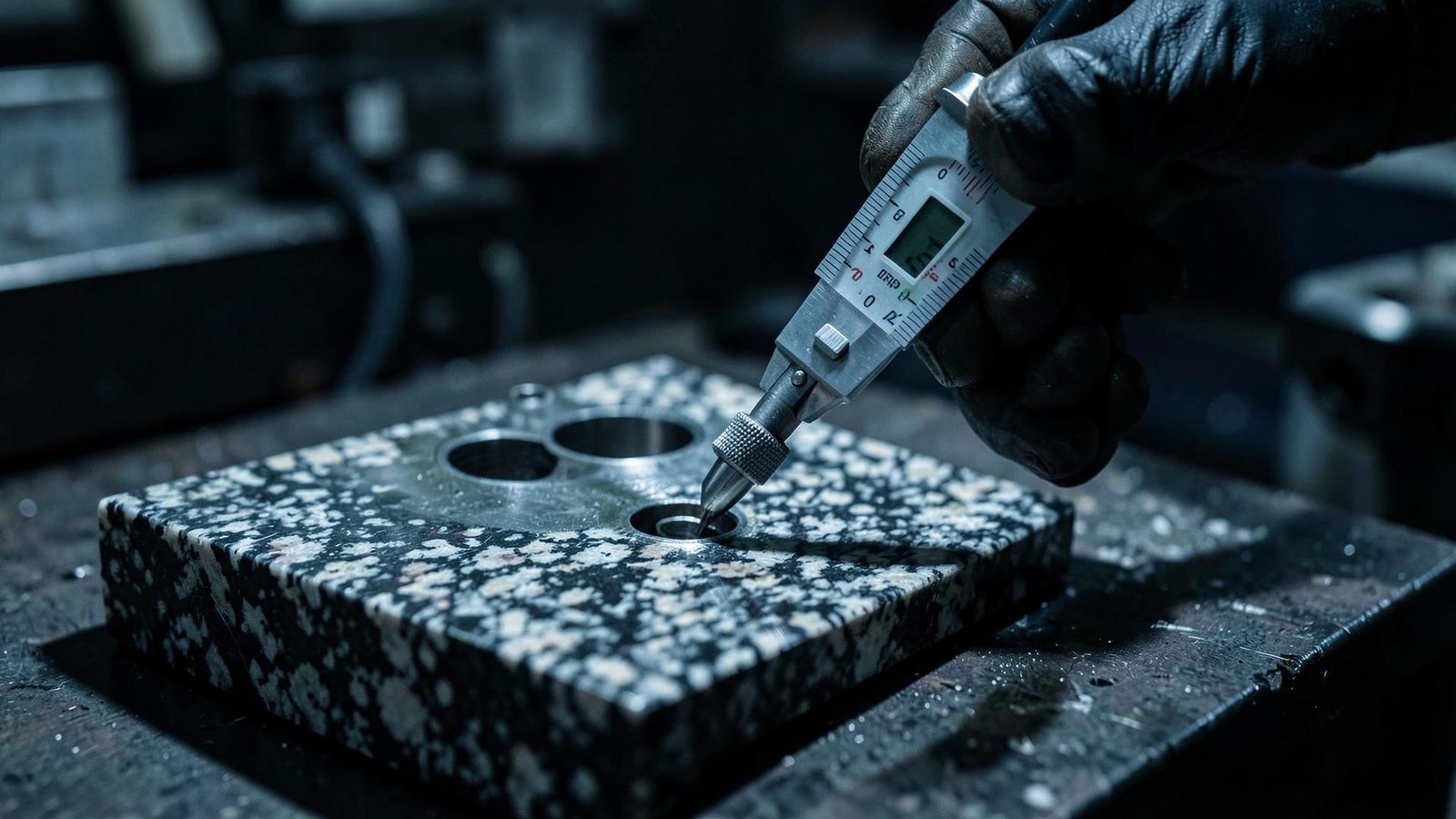Machined component being measured during inspection.